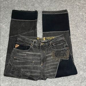 Men’s Akademiks Black and Grey Contrast Stitch Patchwork Denim Jeans Streetwear